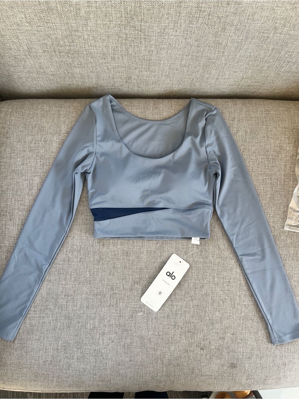 ALO Yoga Long-Sleeve Crop Top in Slate Blue with Navy Accent
